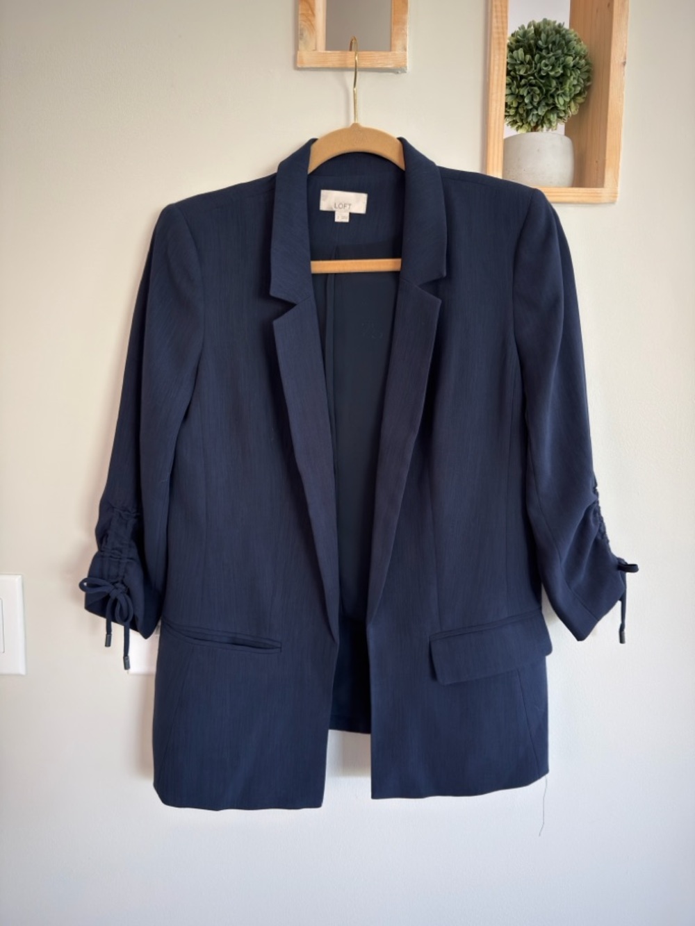 LOFT Navy Open-Front Roll-Tab Blazer
